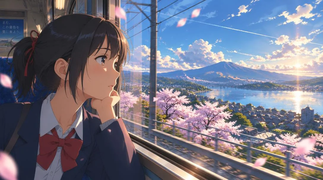 Nostalgic anime scene of spring petals drifting past a train window.