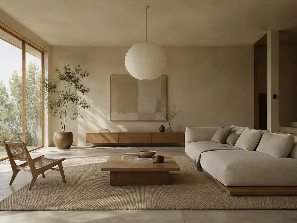 Calm minimalist interior with oak, linen and soft daylight.