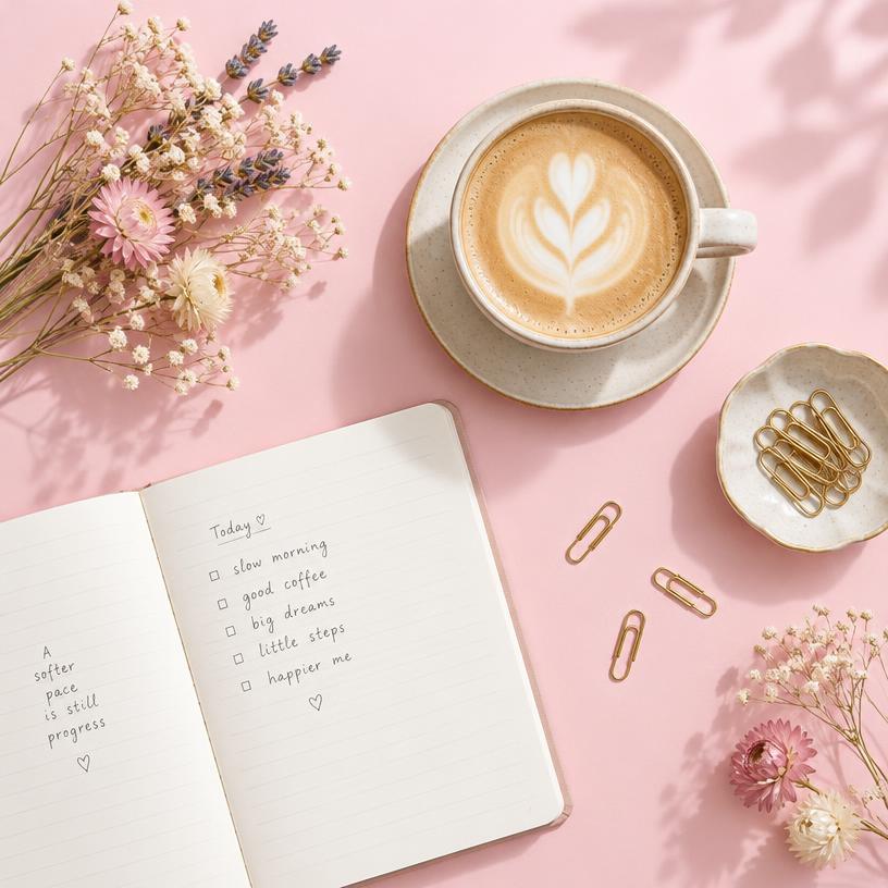 Instagram-ready flat-lay with coffee and stationery.
