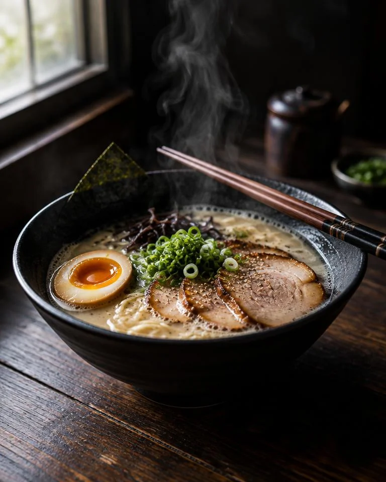 Steaming tonkotsu ramen in dark, moody light.
