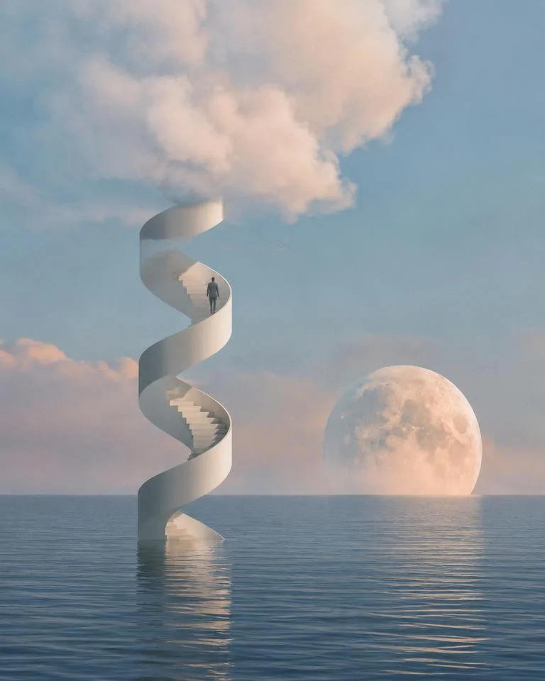 Dreamlike stairs rising from the sea into clouds.